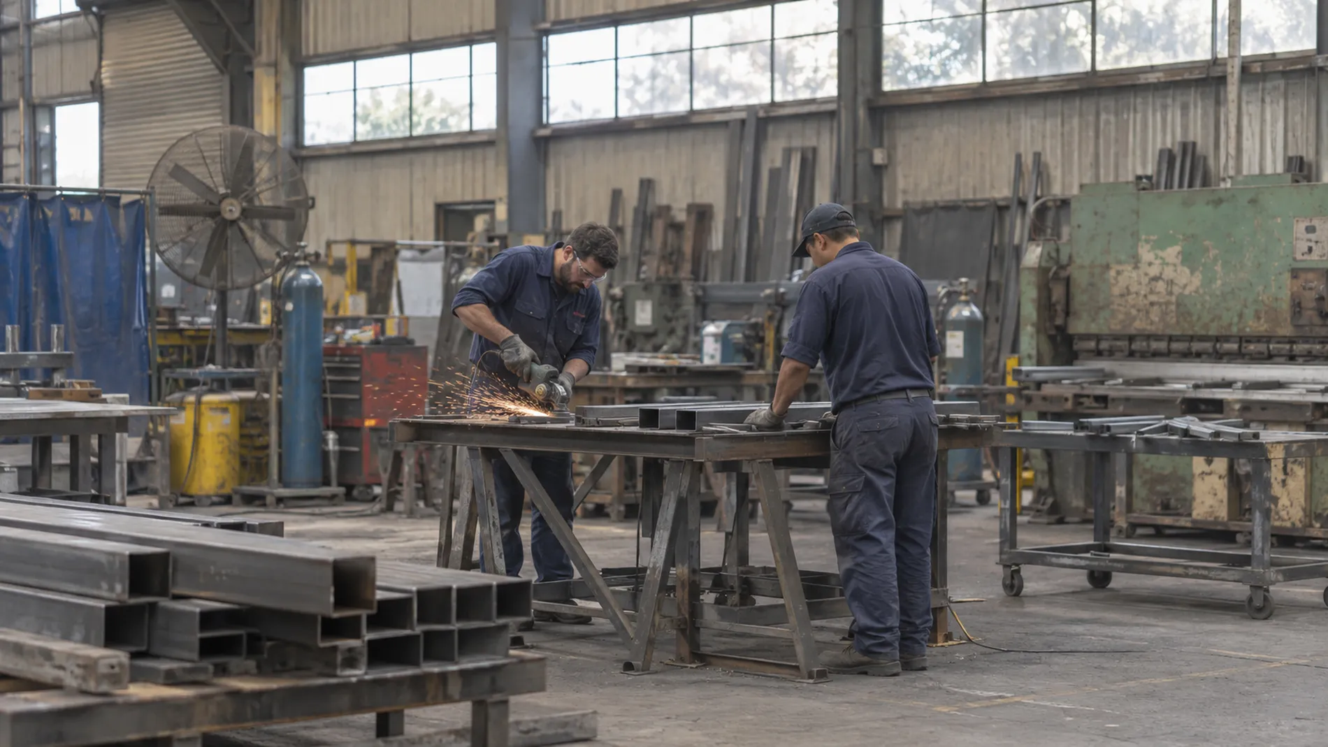 Two workers at a steel fabrication bench in a western Sydney workshop